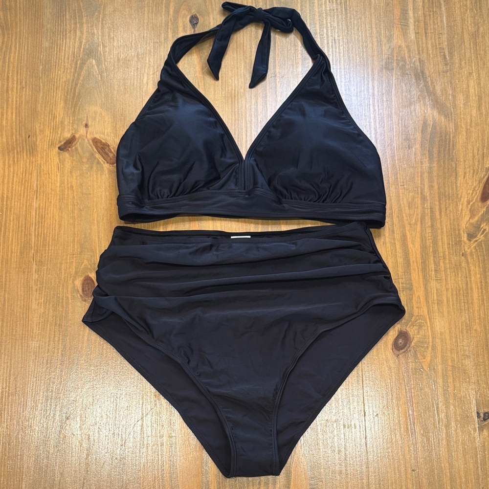 Women’s black two piece halter swimwear with black high waisted bottoms NWOT